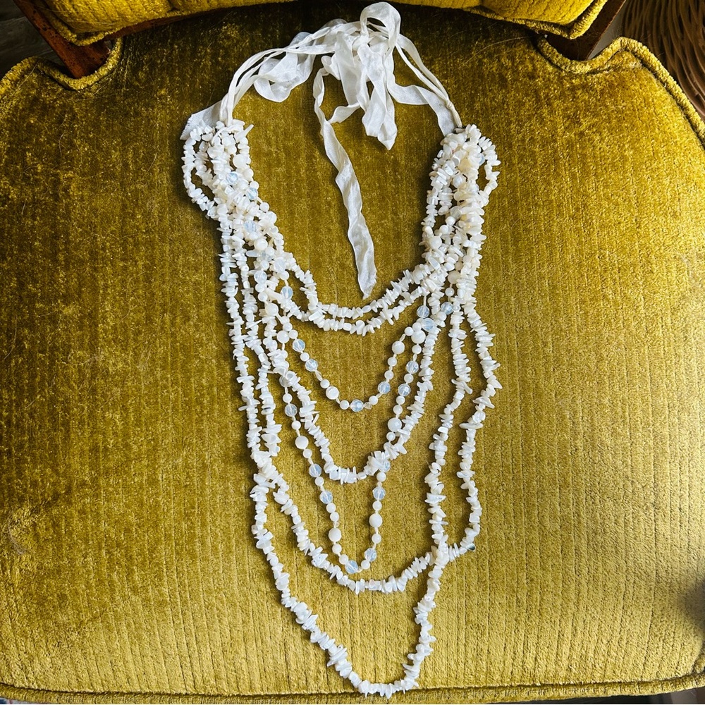 Vintage Mother of Pearl Opalescent Shell 7 Strand Necklace Ribbon Tie Closure